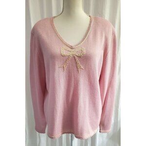Alfred Dunner Wool Blend Beaded Bow Knit Sweater Size XL Pink Pull Up Coquette